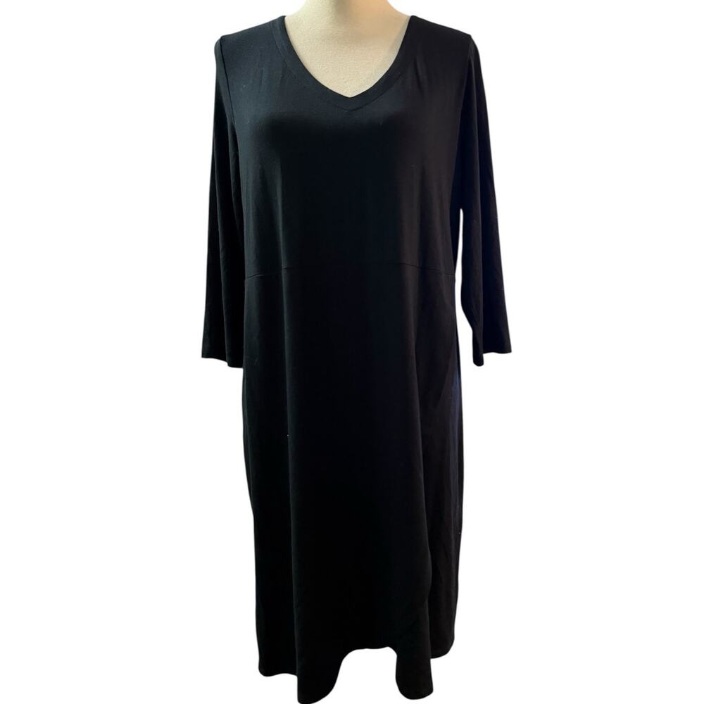 J. Jill Wherever Black Faux Wrap Knit Dress Long Sleeve Midi, Size Medium